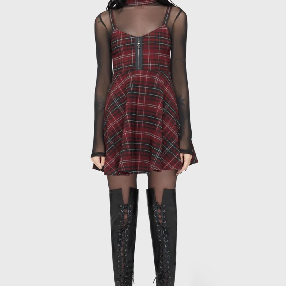 Killstar Red Plaid Dress with Black Mesh Sleeves